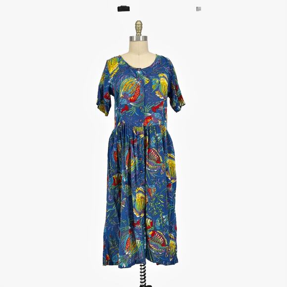 Vtg 70s Adini Tropical Fish Print Gauze Midi Button-Up Dress size Medium - Picture 3 of 13
